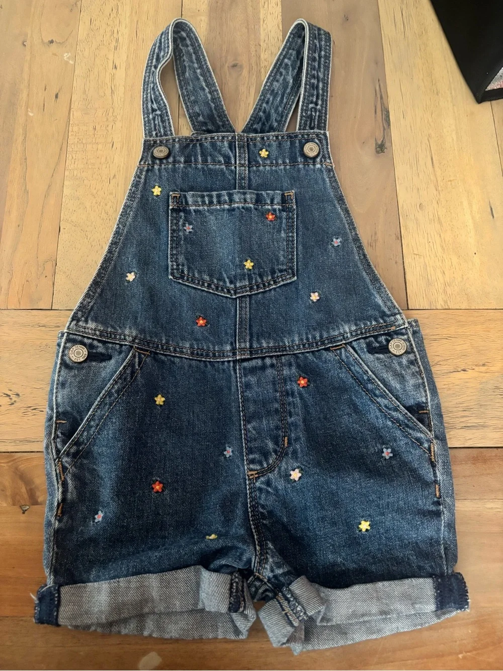 GAP Denim Short Overalls with Multicolor floral  Embroidery - Blue